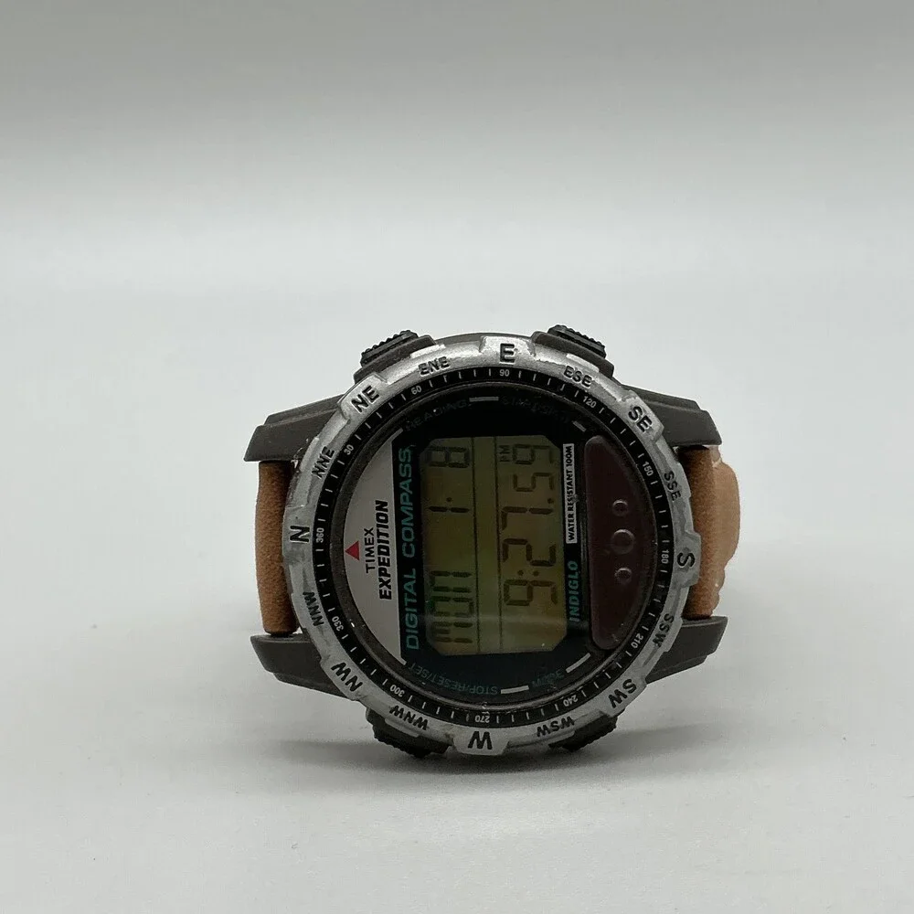 Timex Expedition Mens Watch 42mm Green Digital Brown Leather Compass New Battery